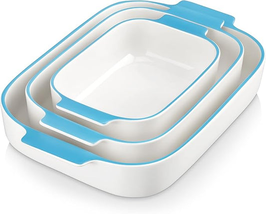 MALACASA Casserole Dishes for Oven, Ceramic Baking Dishes Set of 3, Rectangular Lasagna Pan Deep Baking Pans, Bakeware Sets with Handles Gift Set, White with Blue Trim(13.8''/11.7''/9.4''), Series BAKE by MALACASA