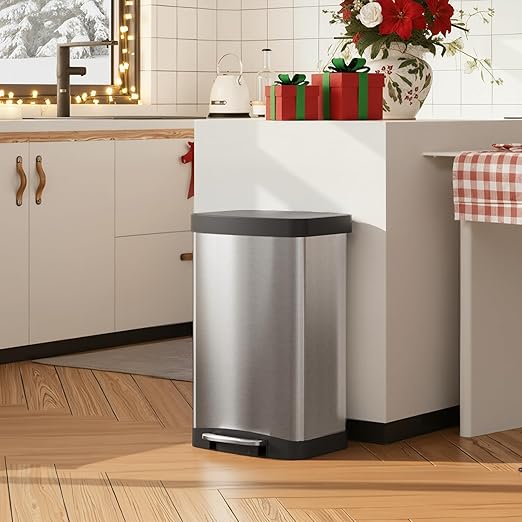 WLIVE 55 Liter Gallon Trash Can with Soft-Close Lid, 14.5 Gallon Brushed Stainless Steel Garbage Can, Kitchen Trash Can with Hands-Free Step, Integrated Bag Ring, Silver