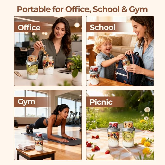 ComSaf Overnight Oats Containers with Lids (16OZ+4OZ, 2PCS) On-The-Go Dual-Laryer Yogurt Parfait Cups with Dry and Wet Separation Mason Jars for Chia Pudding Cereal Nut Fruit Meal Prep Salad - Image 6