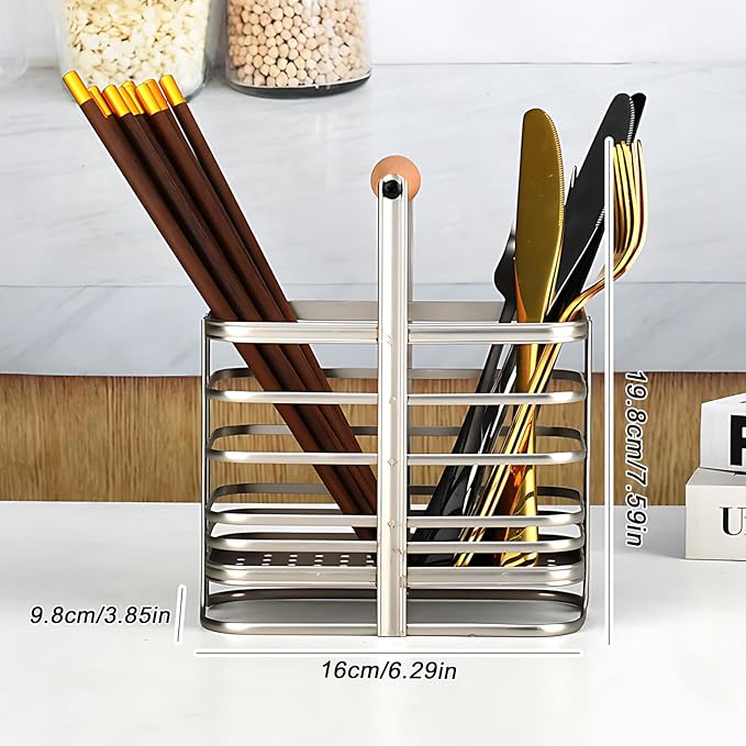 Caliamary Utensil Holder, Stainless Small Stainless Steel Cutlery Drainer Caddy for Kitchen Counter, Silverware Cutlery Flatware Holder Forks, Knives, Spoons, Chopsticks Organizer (Silver)