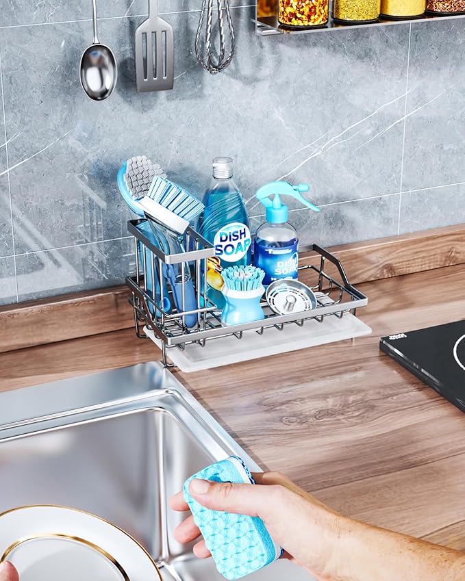 Consumest Sink Caddy, Kitchen Sponge Holder with Dish Brush Holder, Kitchen Sink Organizer with Drip Tray for Countertop Stainless Steel Rustproof, Silver-Large - Image 6