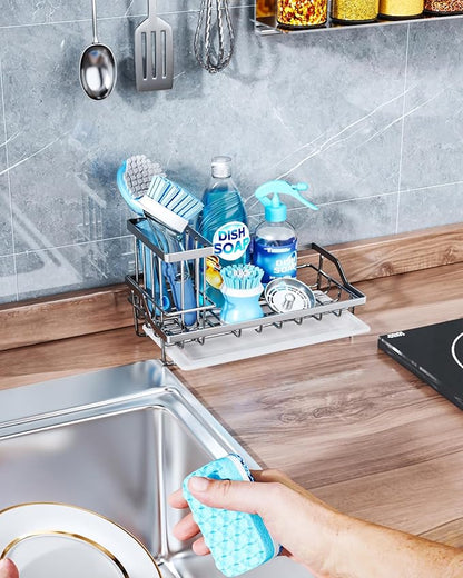 Consumest Sink Caddy, Kitchen Sponge Holder with Dish Brush Holder, Kitchen Sink Organizer with Drip Tray for Countertop Stainless Steel Rustproof, Silver-Large - Image 6