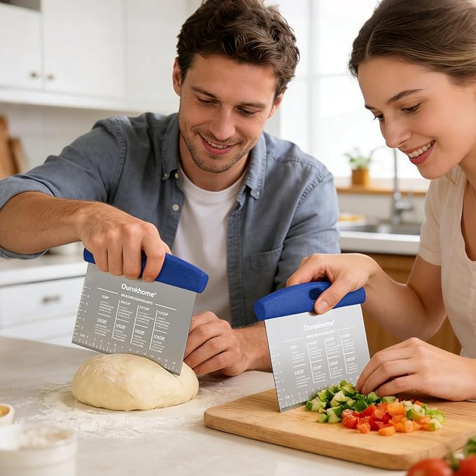 Ourokhome 2 Pack Bench Scraper Dough Cutter, Stainless Steel Dough Scraper with Laser-Etched Scale, Conversion Chart, Non-Slip Handle, Dishwasher Safe for Bread & Pastry, Blue - Image 8