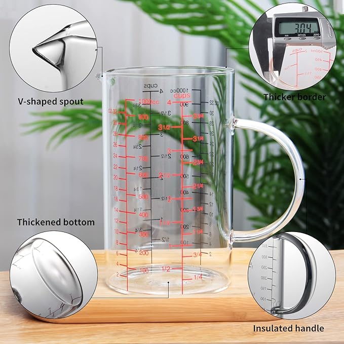 77L Glass Measuring Cup, [Double-Sided Measuring Scale, Insulated handle, V-Shaped Spout], High Borosilicate Glass Measuring Cup for Kitchen or Restaurant, Easy To Read, 1000 ML (1 Liter, 4 Cup) - Image 7