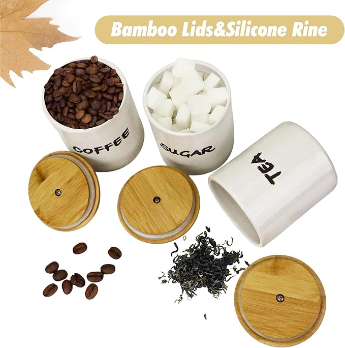 Coffee Tea Sugar Container Set of 3,Farmhouse Storage Containers Jars,Airtight Ceramic Kitchen Canister Set with Bamboo Lids for Kitchen Counter Dining Room (Ceramic, 1)