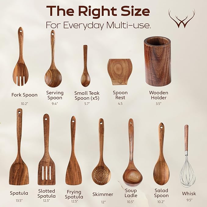 16 Pcs Teak Wooden Cooking Utensils Set – Premium Teak Wooden Utensil Set with Holder, Wooden Spoons for Cooking, Spatulas & Ladle – Durable Kitchen Utensils for Everyday Use - Cooking Utensils Set - Image 4
