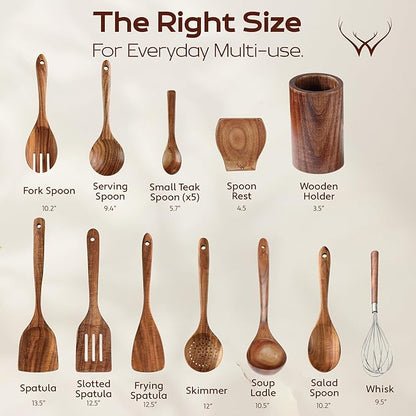 16 Pcs Teak Wooden Cooking Utensils Set – Premium Teak Wooden Utensil Set with Holder, Wooden Spoons for Cooking, Spatulas & Ladle – Durable Kitchen Utensils for Everyday Use - Cooking Utensils Set - Image 4