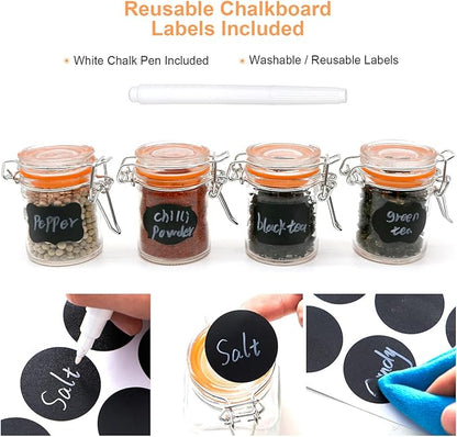1.7 oz Mini Glass Spice Jars with Labels, Small Stash Jars with Airtight Hinged Lid, 12 Pack Empty Spice Bottles with Rubber Gasket for Herb Tea Seasoning Storage