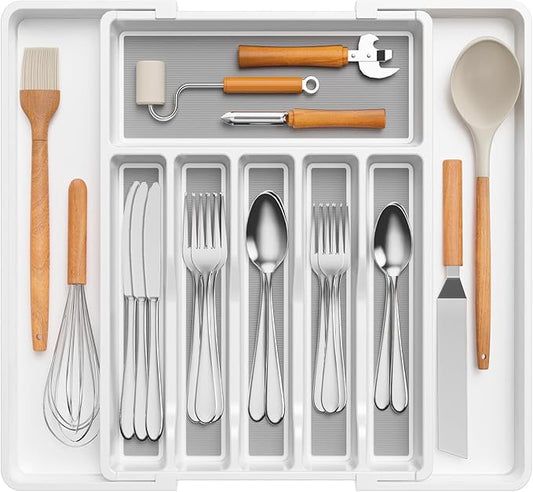 Lifewit Silverware Drawer Organizer, Expandable Utensil Tray for Kitchen, BPA Free Flatware and Cutlery Holder, Adjustable Plastic Storage for Spoons Forks Knives, 33 -57 x 42cm, White and Gray by Lifewit