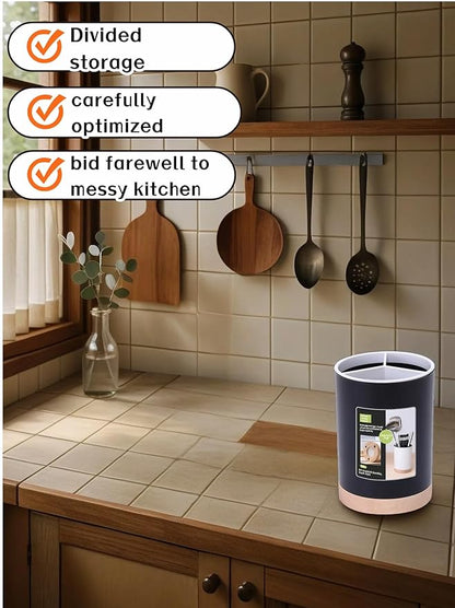 BUBBLE-FLY Modern Kitchen Utensil Holder with Drainage, Black and Wood Base, 3 Compartment Divided Organizer for Spoons Forks Knives, Countertop Caddy for Cooking Tools and Cutlery Storage- Non-Slip - Image 9