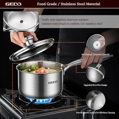 GEDO Food-Grade 316L Stainless Steel Sauce Pan with Glass Lid, 3-Ply Integrated Body Uncoated Cooking Pot, Universal for Induction Gas Ceramic Stovetops, Multi-Purpose Kitchen Cookware (2, Quarts) - Image 4