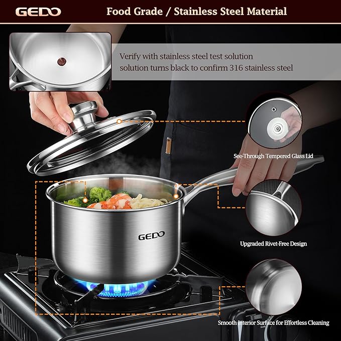 GEDO Food-Grade 316L Stainless Steel Sauce Pan with Glass Lid, 3-Ply Integrated Body Uncoated Cooking Pot, Universal for Induction Gas Ceramic Stovetops, Multi-Purpose Kitchen Cookware (2.7, Quarts) - Image 4