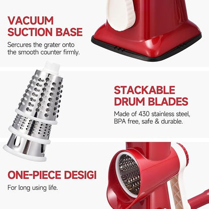 Rotary Cheese Grater with Handle Kitchen Shredder Slicer Grater Slicer Ice Shaver Cheese Vegetable Nuts Potato Zucchini Chocolate 3 Interchangeable Blades (RedWhite) - Image 6