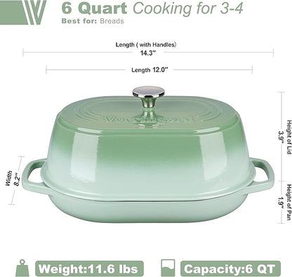VORRINGARD Enameled Cast Iron Dutch Oven Pot with Dome Lid, Oval Bread Oven for Homemade Sourdough Bread Baking, Oven Safe up to 500°F, 6 Quart, Green