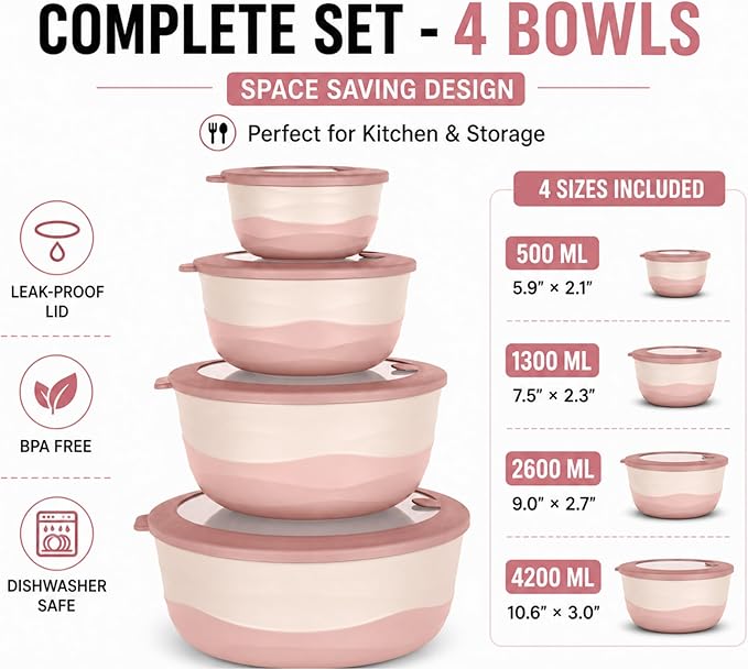 Pera Mixing Bowls with Lids Set, 8 Piece (4 Bowls + 4 Airtight Lids), BPA Free Nesting Kitchen Bowl Set for Mixing & Food Storage, Microwave & Dishwasher Safe (Pink)