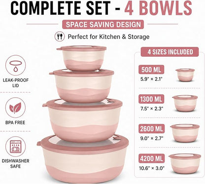 Pera Mixing Bowls with Lids Set, 8 Piece (4 Bowls + 4 Airtight Lids), BPA Free Nesting Kitchen Bowl Set for Mixing & Food Storage, Microwave & Dishwasher Safe (Pink)