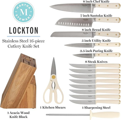 Martha Stewart Knife Block Set 16-Piece - Lockton High Carbon Stainless Steel Forged Full Tang Chef Knives, Acacia Wood Block, Triple Riveted Handles, Linen White & Gold - Image 3
