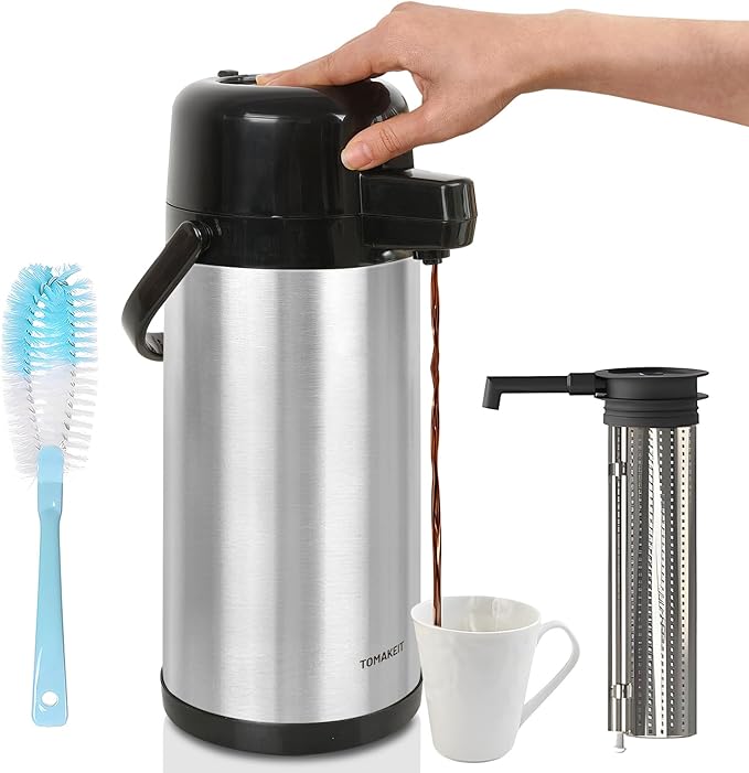 TOMAKEIT Airpot Coffee Dispenser with Pump,102 OZ/ 3L Large Coffee Dispenser with Tea Filter for Party Hot Drinks Water Tea Chocolate Hot/Cold Water, Insulated Stainless Steel Thermal Carafes by TOMAKEIT