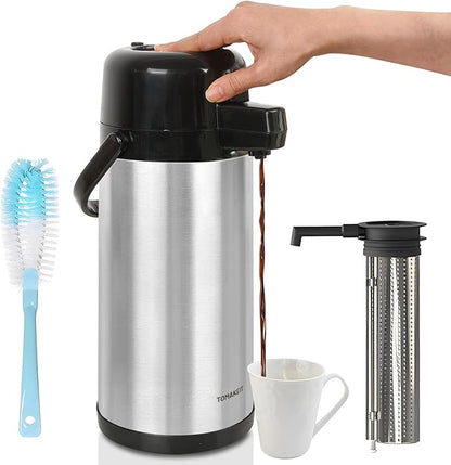 TOMAKEIT Airpot Coffee Dispenser with Pump,102 OZ/ 3L Large Coffee Dispenser with Tea Filter for Party Hot Drinks Water Tea Chocolate Hot/Cold Water, Insulated Stainless Steel Thermal Carafes by TOMAKEIT