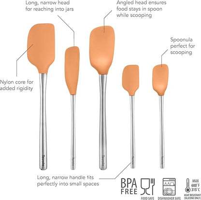 Tovolo Stainless Steel Handled Silicone Spatula Set of 5, Dishwasher Safe Kitchen Spatula Set for Cooking Baking, BPA Free Silicone Spatula set with Metal Steel Handle, Apricot Orange
