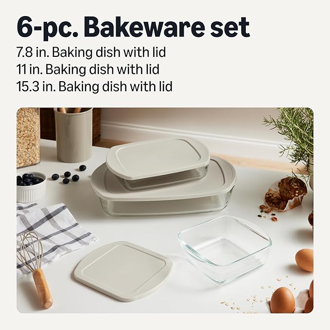Amazon Basics Glass Baking Dishes with BPA-Free Lids, 6-Piece Bakeware Set, Borosilicate Glass, Oven-Safe up to 752°F, Non-Slip and Stackable, Dishwasher-Safe, Linen Gray - Image 2