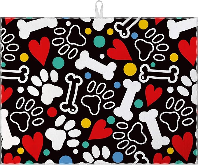 Dog Paw Bone Dish Drying Mat for Kitchen Counter Drying Pad Absorbent Reversible Dish Drainer Rack Mats Draining Pad 18"x24"Inch