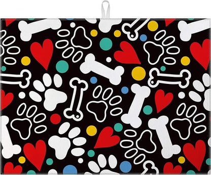 Dog Paw Bone Dish Drying Mat for Kitchen Counter Drying Pad Absorbent Reversible Dish Drainer Rack Mats Draining Pad 18"x24"Inch