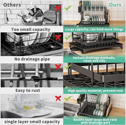 XLMYS Dish Drying Rack, 2 Tier Large Dish Drying Rack for Kitchen Counter with Drainboard Stainless Steel Dish Drainer for Dish/Knifes/Cup/Cutting Board, Black - Image 3