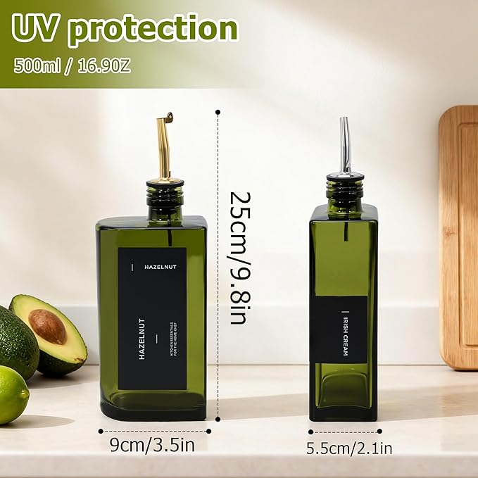 R DRURLCD Green Glass Olive Oil Dispenser, 16.9oz/500ml Curved Cooking Oil and Vinegar Bottle, Soy Sauce Dispenser, Coffee Syrup Bottle, 2 Gold Silver Stainless Steel Pourers, 36 Labels, Funnel