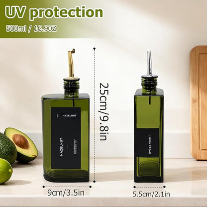 R DRURLCD Green Glass Olive Oil Dispenser, 16.9oz/500ml Curved Cooking Oil and Vinegar Bottle, Soy Sauce Dispenser, Coffee Syrup Bottle, 2 Gold Silver Stainless Steel Pourers, 36 Labels, Funnel