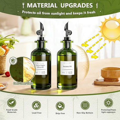 COOLMI Oil Dispenser for Kitchen - 12oz/350ml, Set of 2 Extra Thick Food Grade Glass Olive Oil Dispenser Bottle with Cleaning Brush, Stickers and Funnel (Black)