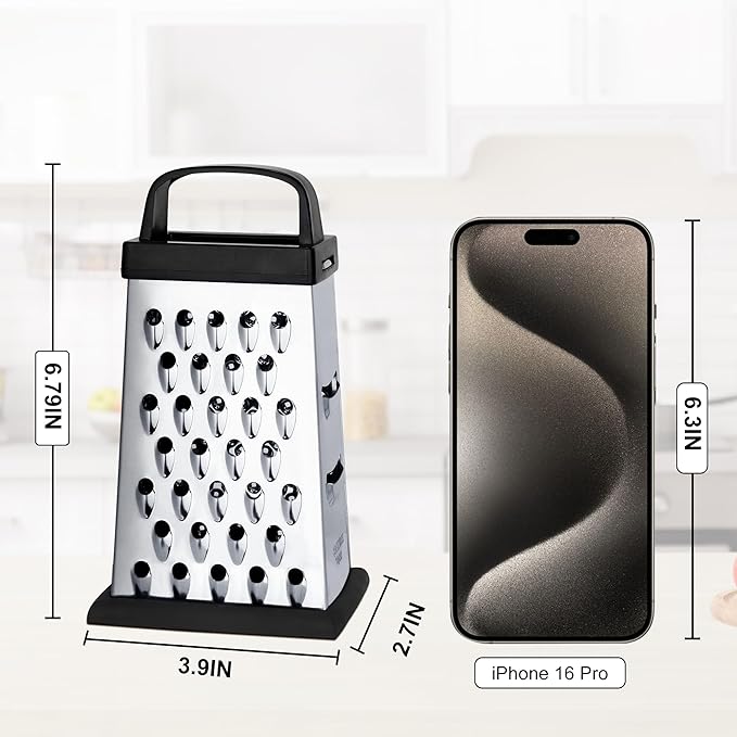 Cheese Grater, Mini Size 4-Sided Stainless Steel Grater, Food Shredder for Cheese, Parmesan, Vegetable, Dishwasher Safe, Black - Image 2