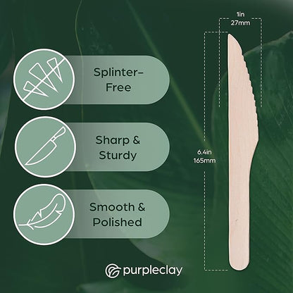 PURPLECLAY Wooden Knives Disposable – 300 Piece Wood Compostable Knives, Eco-Friendly Biodegradable Cutlery Set, Charcuterie Accessories Disposable, Wooden Knife for Parties, Plastic-Free Utensils - Image 4