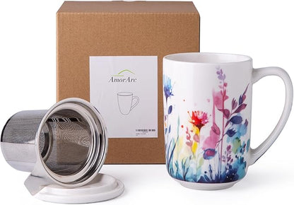 AmorArc Porcelain Tea Mug with Infuser and Lids, 18 Oz Large Cup Strainer with Bag Holder for Loose Leaf Tea, Steeping Coffee Mug for House-warming Wedding Birthday Gift