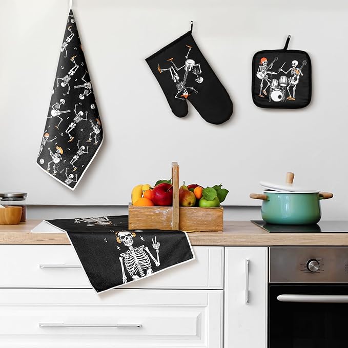 Leinuosen 8 Pcs Skull Kitchen Decor Set Kitchen Towels Gothic Oven Mitts and Pot Holders Skeleton Hand Dish Towels Horror Oven Mitts for Home Decoration Party Gifts (Modern Color,Music) - Image 6