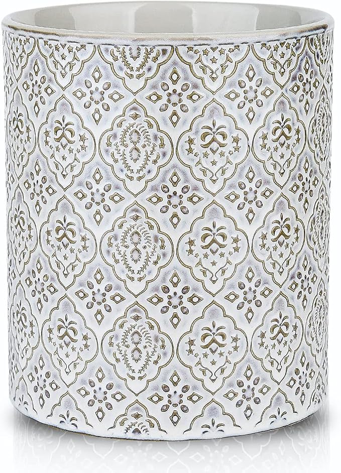 KOOV Kitchen Utensil Holder, Large Utensil Holders for Countertop, 6 x 7 Inches Ceramic Utensil Crock, Deep and Stable, Cooking Utensil Holder, Embossed Pattern, White by KOOV