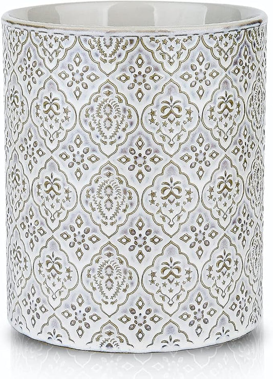 KOOV Kitchen Utensil Holder, Large Utensil Holders for Countertop, 6 x 7 Inches Ceramic Utensil Crock, Deep and Stable, Cooking Utensil Holder, Embossed Pattern, White by KOOV
