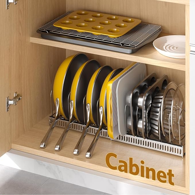ORDORA Pots and Pans Organizer under Cabinet with Pan Holder: Expandable 11.8"-22.8" Kitchen Cabinet Organizer Rack, 12 Adjustable Dividers Storage for Cookie Sheets, Cutting Boards & Lid, Silver - Image 6