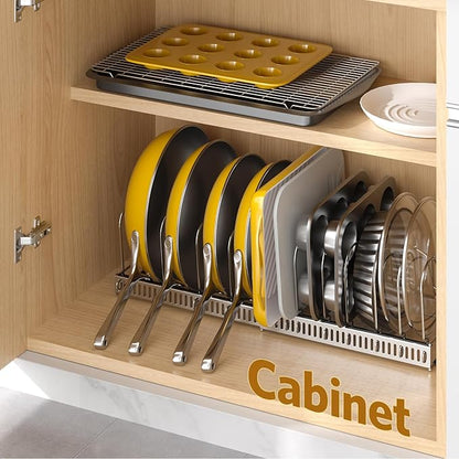 ORDORA Pots and Pans Organizer under Cabinet with Pan Holder: Expandable 11.8"-22.8" Kitchen Cabinet Organizer Rack, 12 Adjustable Dividers Storage for Cookie Sheets, Cutting Boards & Lid, Silver - Image 6