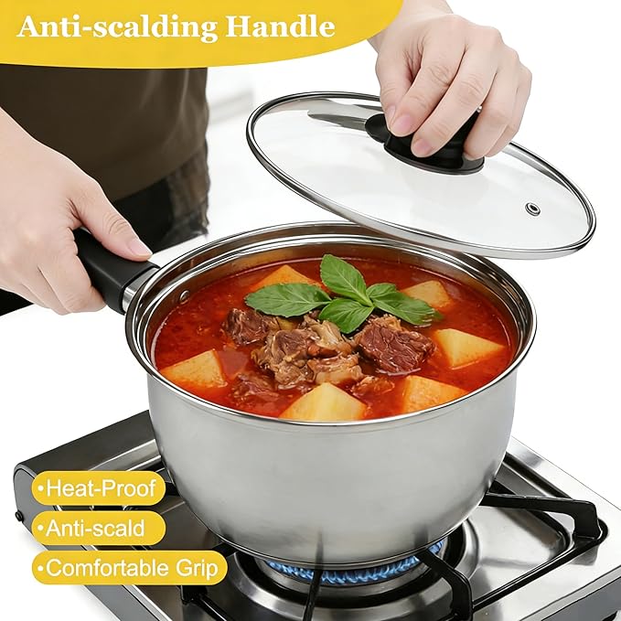 3pcs Stainless Steel Saucepan Set, Kitchen 1QT & 2QT & 3QT Pot Set with Lid Triply Base Sauce Pot for Cooking Stainless Steel Cookware Set - Image 5