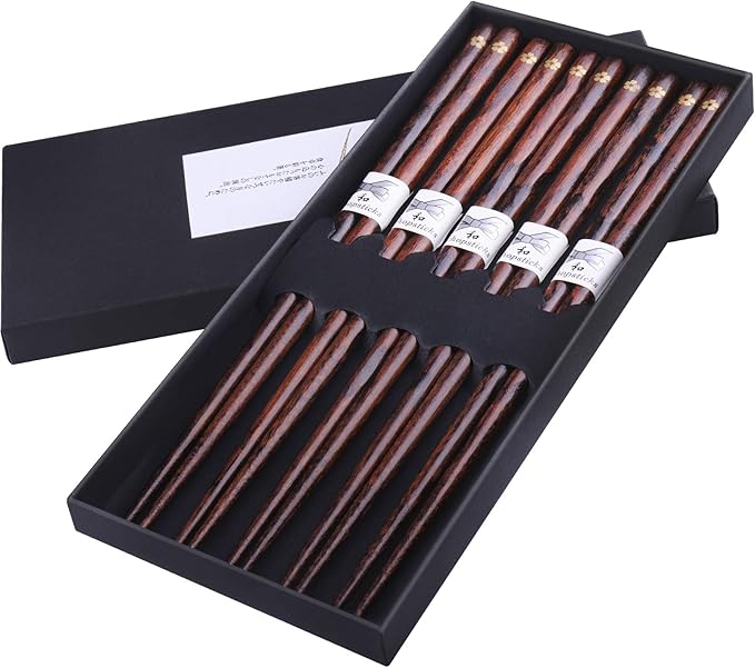 GLAMFIELDS Reusable Chopsticks Japanese Natural Wooden Classic Style 5 Pairs Lightweight Hand-Carved Safe Chop Sticks 8.8 Inch/22.5cm Gift Set by GLAMFIELDS