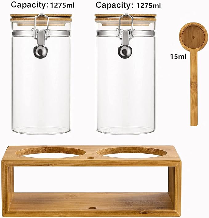 Yangbaga Ground Coffee Storage Container with Shelf, 2×45OZ Glass Coffee and Sugar Container Set, Coffee Canisters with Airtight Lids and Scoop, Food Storage Jars for Kitchen,Nuts,Tea,Sugar - Image 2