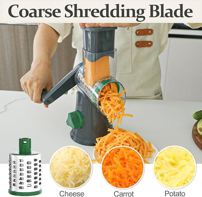 Cambom Rotary Cheese Grater Hand Crank Cheese Shredder for Fresh Cheese, Vegetable, Nuts,Non-slip Suction Base, Free Cleaning Brush Three Blades, Grey and Green - Image 2