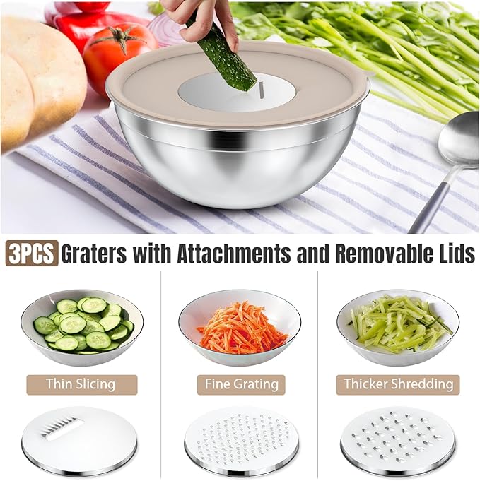 ENVTEK 7-Piece Stainless Steel Mixing Bowls Set with Lids & 3 Grater Attachments – Size 4.5, 4, 3.5, 2.1, 1.5, 1.1, 0.7QT, Kitchen Gadgets Set for Cooking, Baking, and Serving, Khaki - Image 4