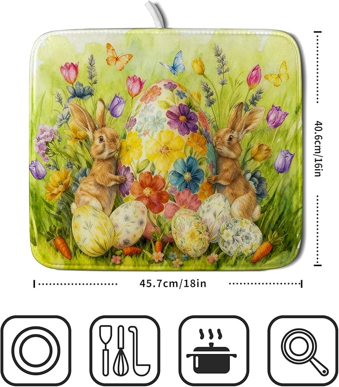 Easter Dish Drying Mat for Kitchen Counter Spring Bunny Microfiber Countertop Mat Small - Image 2