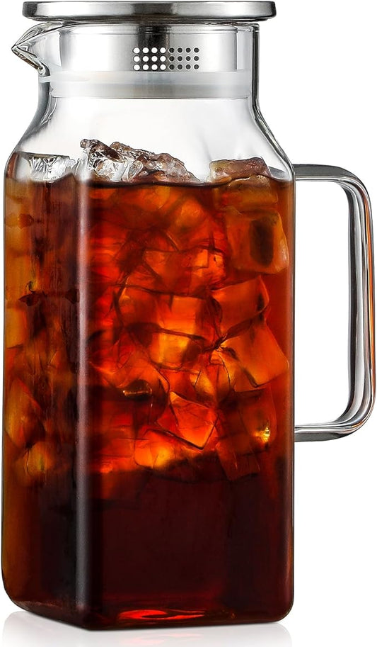 40 oz,1.2Liter Square Glass Pitcher with Lid and Spout, Breast Milk Pitcher with Handle for Fridge, Borosilicate Glass Carafe for Hot/Cold Drink, Small Jug for Iced Tea, Coffee,Water Storage Container by NETANY