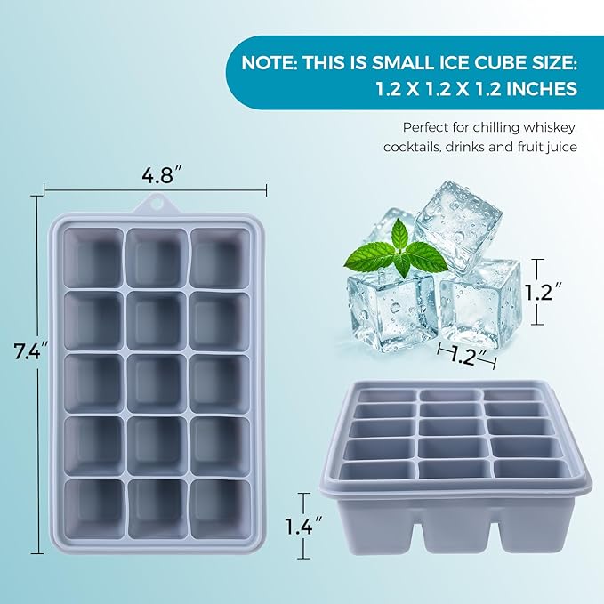Silicone Ice Cube Trays with Lids 3-Pack, 15-Cavity Ice Tray Set for Freezer, Easy-Release BPA-free Ice Cube Mold for Whiskey, Coffee, Cocktails and More (3, Green+Blue+Pink) - Image 5