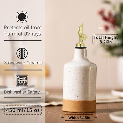 HOMCDALY Ceramic Olive Oil Dispenser Bottle, 16oz Oil Dispenser Bottle for Kitchen, Oil Container, Kitchen Dispenser for Oil Vinegar Syrups(White&Brown