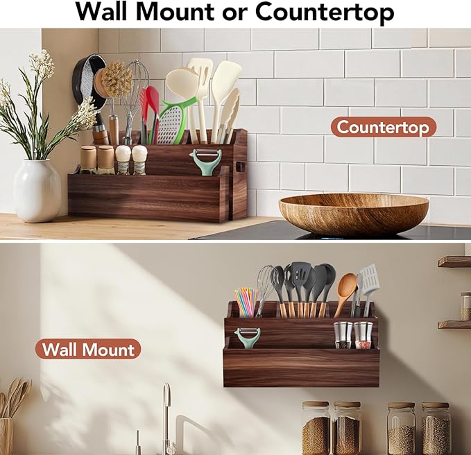 Wooden Kitchen Utensil Holder for Countertop, Large Utensil Organizer with Removeable Dividers, Wall Mount Kitchen Organizer for Cooking Tools & Silverware, with Spoon Rest and Diatomite Base