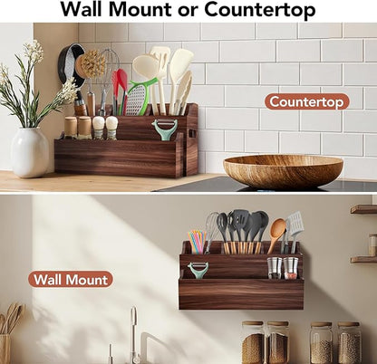 Wooden Kitchen Utensil Holder for Countertop, Large Utensil Organizer with Removeable Dividers, Wall Mount Kitchen Organizer for Cooking Tools & Silverware, with Spoon Rest and Diatomite Base